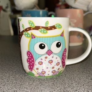 Burton & Burton Owl Mug Cup Calico Patchwork Turquoise 12 Oz. 2014 Whimsical